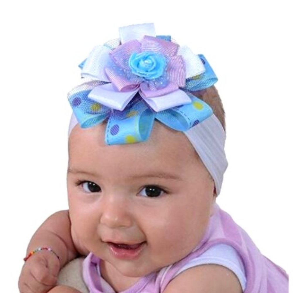 Baby Headband, Girl's Hairband White, Blue & Lavander with Blue Rose